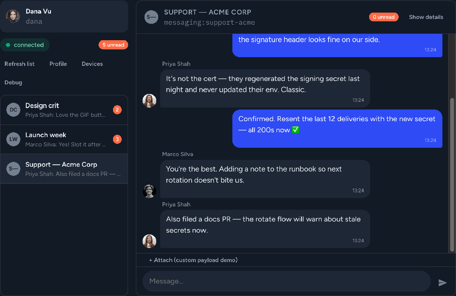 The React SDK's chat UI — channel list with unread badges, a live conversation with incoming messages, and a message being composed and sent