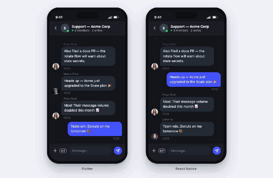 Mockup of the Flutter and React Native apps showing the same channel in sync — a message sent on one phone appears live on the other
